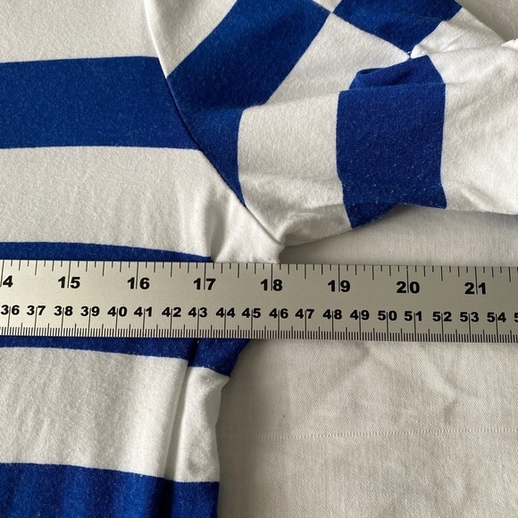 Melanie Lyne Women's Short Ruffled Sleeve Blue + White Stipe T-shirt Size Medium - Picture 8 of 10